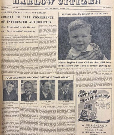 A photograph of a page from Harlow Citizen dated 1st May 1953. The page shows a picture of a toddler and images of four chairme
