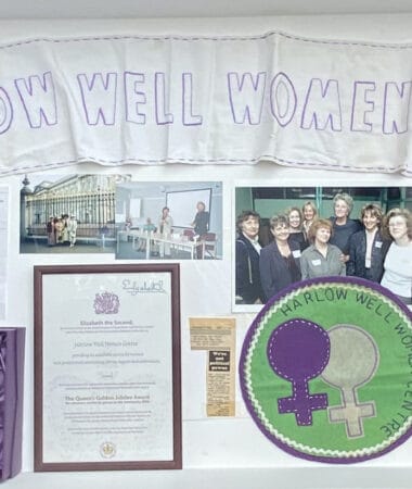 A photograph depicting a wall collage with the title 'The Harlow Well Women Centre' surrounded by images and news articles stuck around the sign.