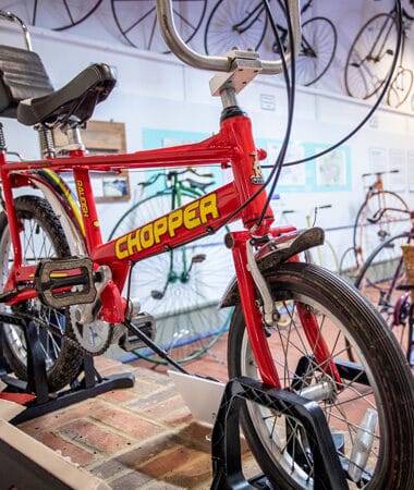 Red Chopper Bicycle at the Cycle Exhibit at the Harlow Museum